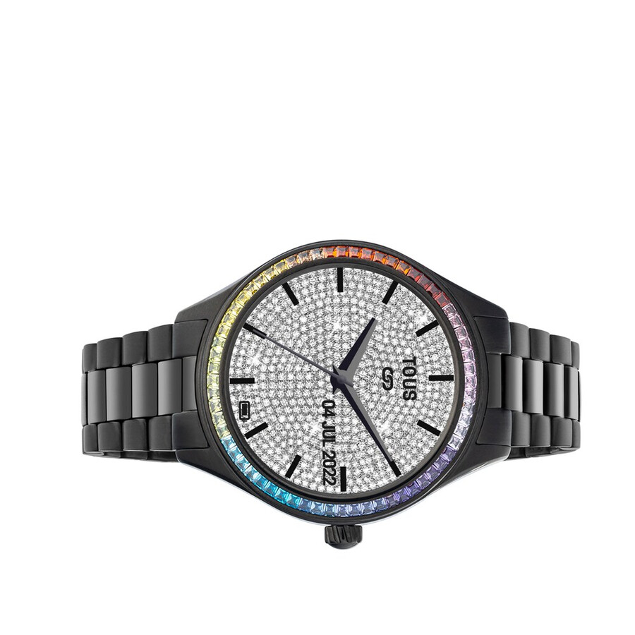 t-shine connect smartwatch mit schwarzem ip-stahlarmband und regenbogen-zirkonia
