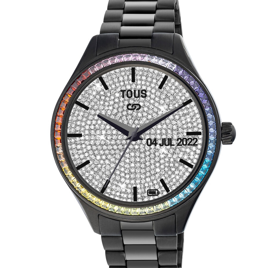 t-shine connect smartwatch mit schwarzem ip-stahlarmband und regenbogen-zirkonia