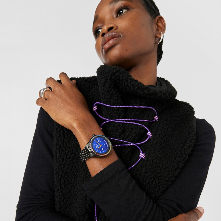 t-shine connect smartwatch mit schwarzem ip-stahlarmband und regenbogen-zirkonia