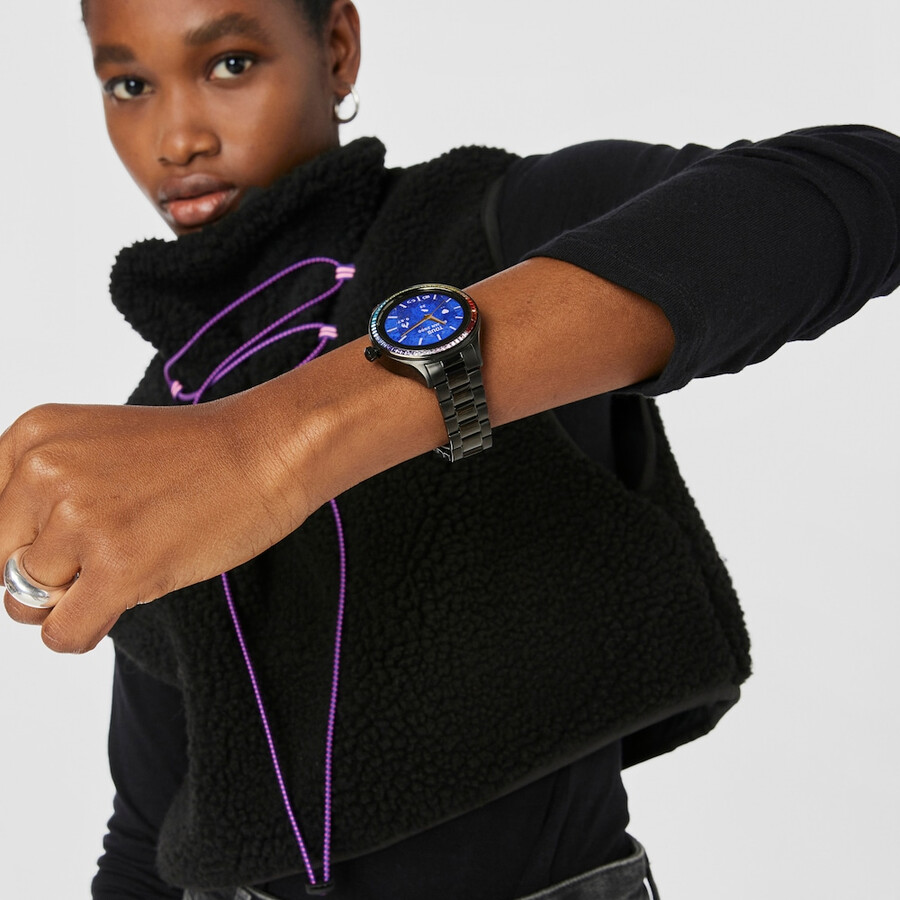 t-shine connect smartwatch mit schwarzem ip-stahlarmband und regenbogen-zirkonia
