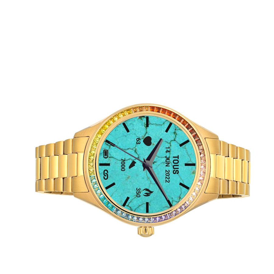 t-shine connect smartwatch mit goldfarbenem ip-stahlarmband und regenbogen-zirkonia