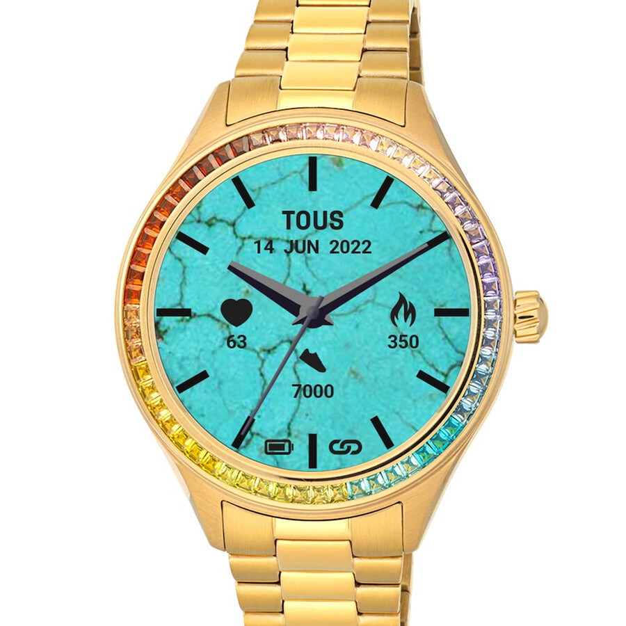 t-shine connect smartwatch mit goldfarbenem ip-stahlarmband und regenbogen-zirkonia
