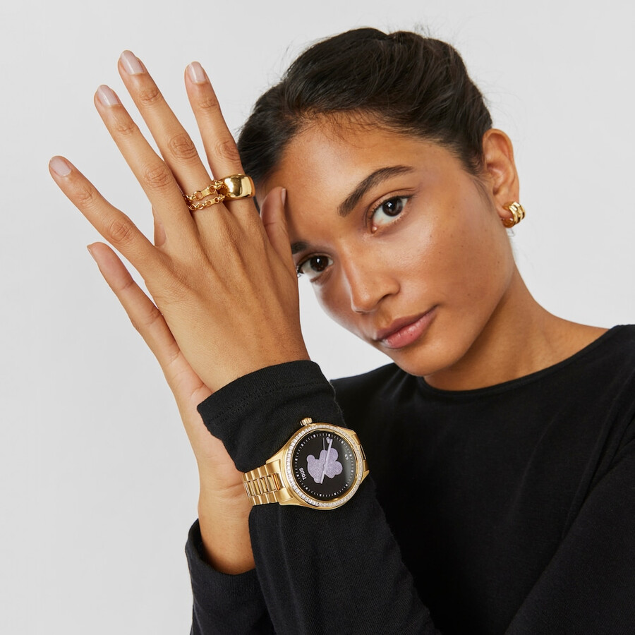 t-shine connect smartwatch mit goldfarbenem ip-stahlarmband und weißen zirkonia