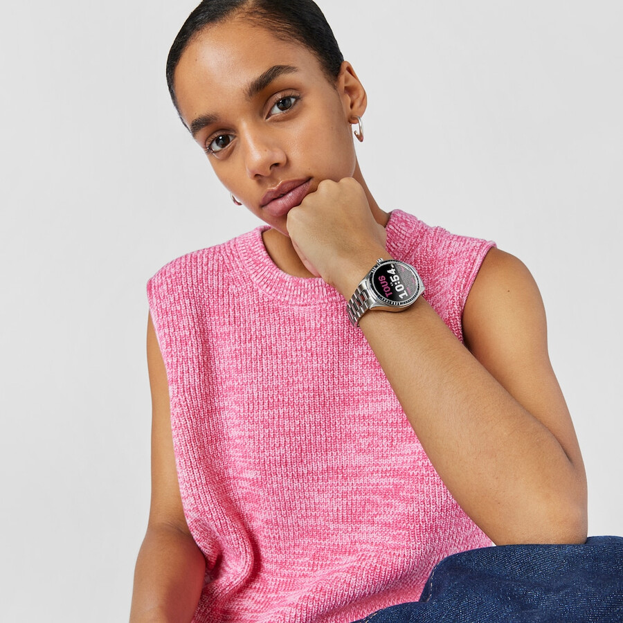 t-shine connect smartwatch mit edelstahlarmband und schwarzen zirkonia