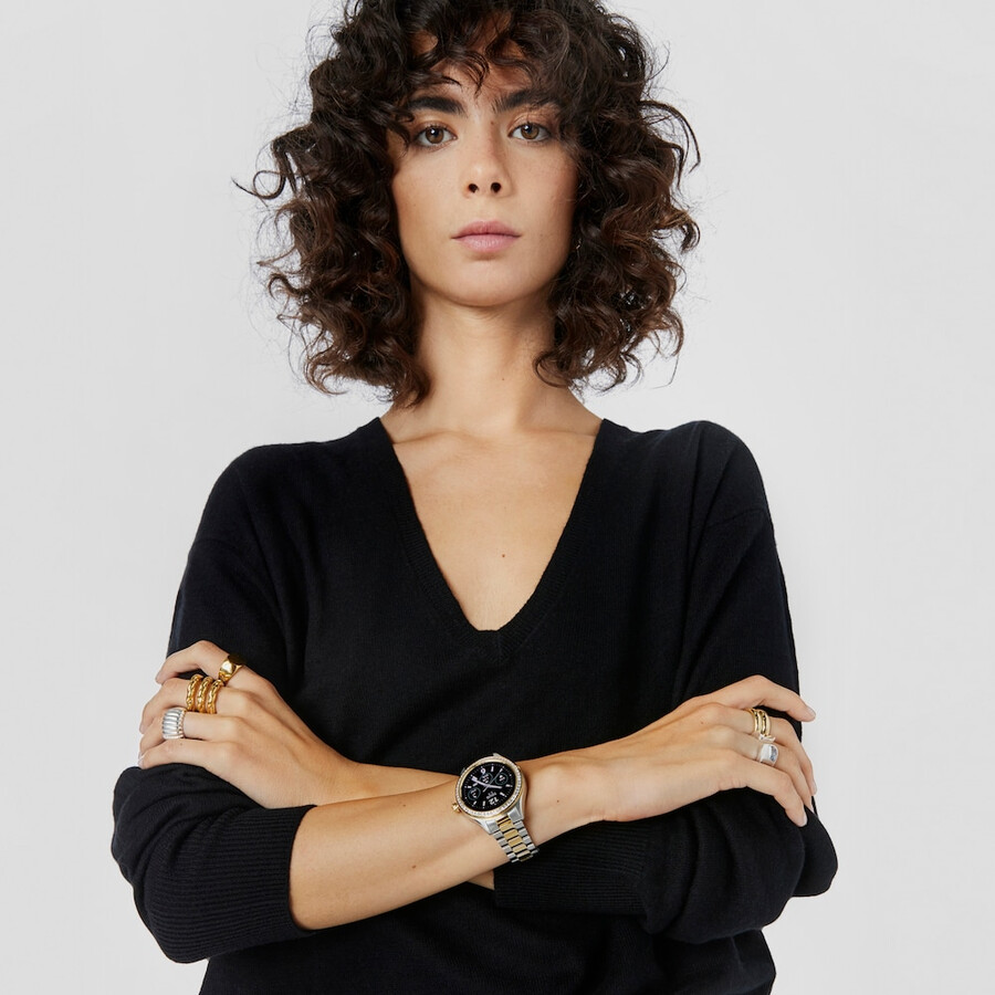 t-shine connect smartwatch mit edelstahl- und goldfarbenem ip-edelstahlarmband mit weißen zirkonia