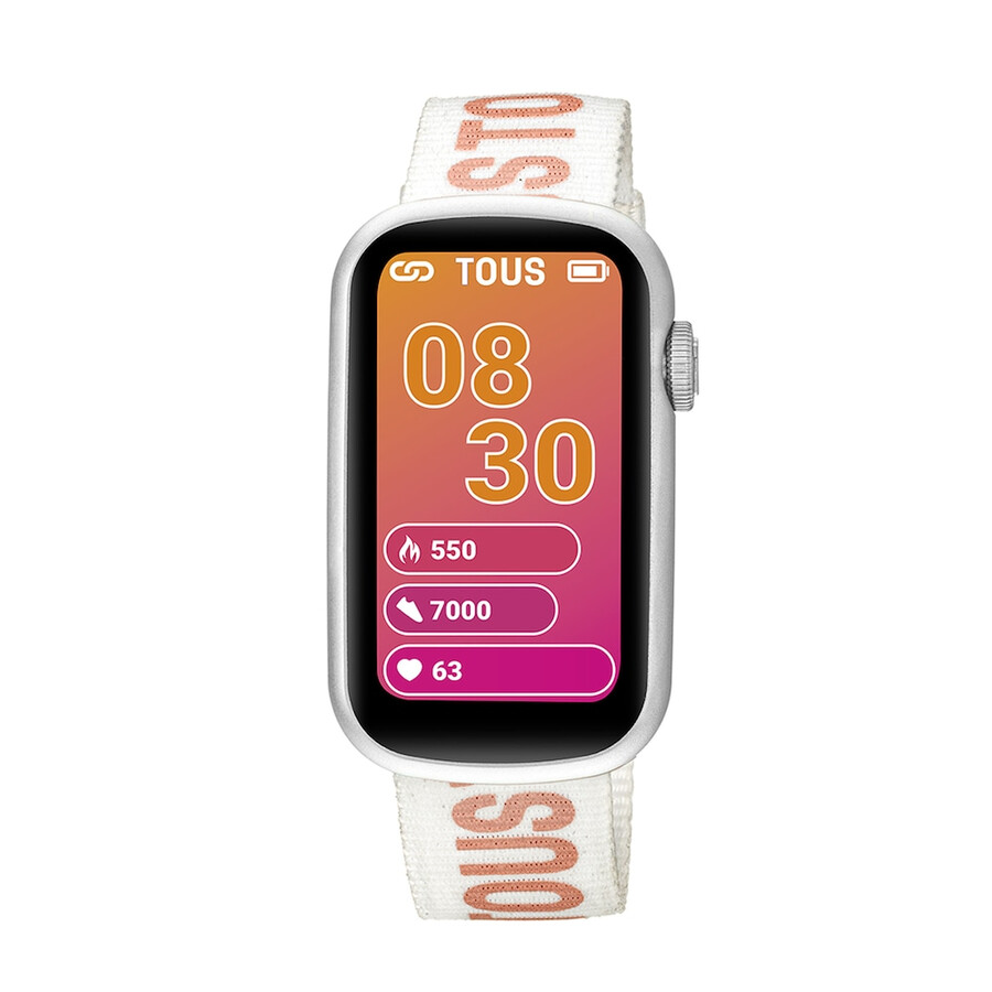 smartwatch mit nylonarmband und pinkfarbenem silikonarmband t-band