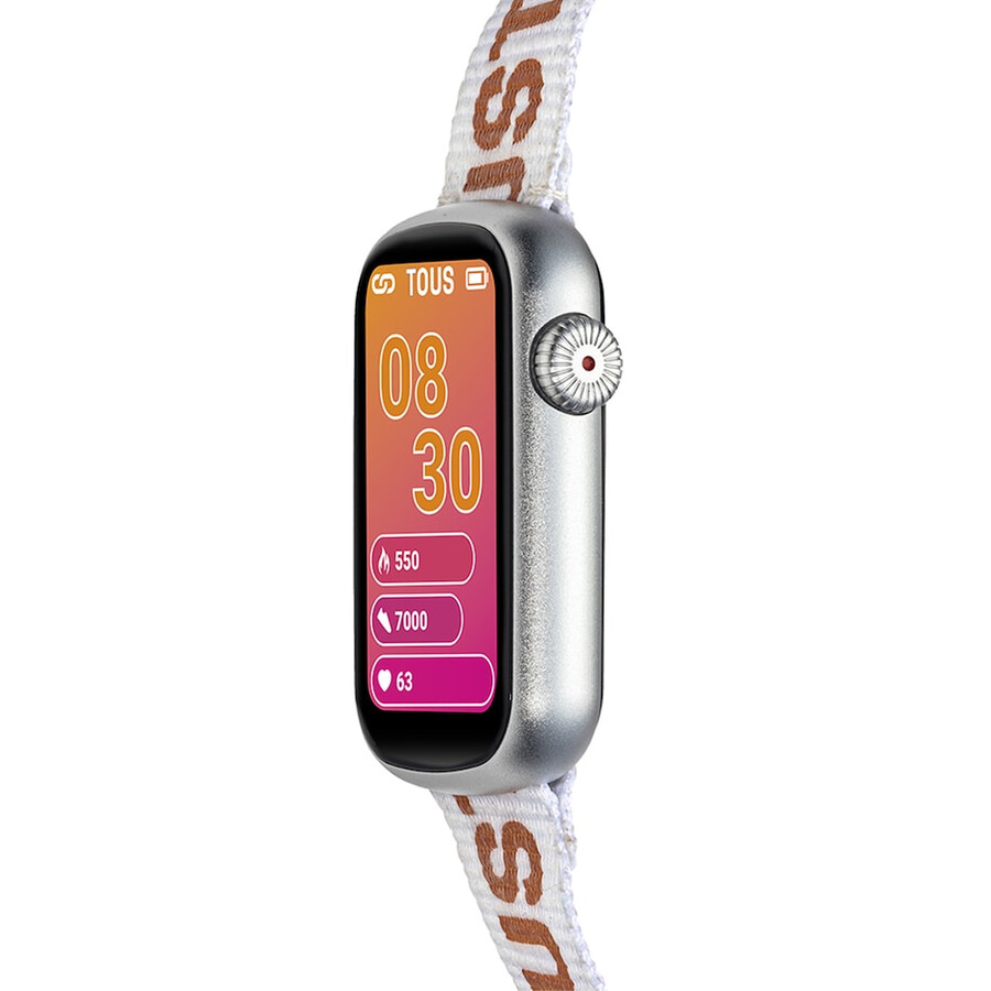 smartwatch mit nylonarmband und pinkfarbenem silikonarmband t-band
