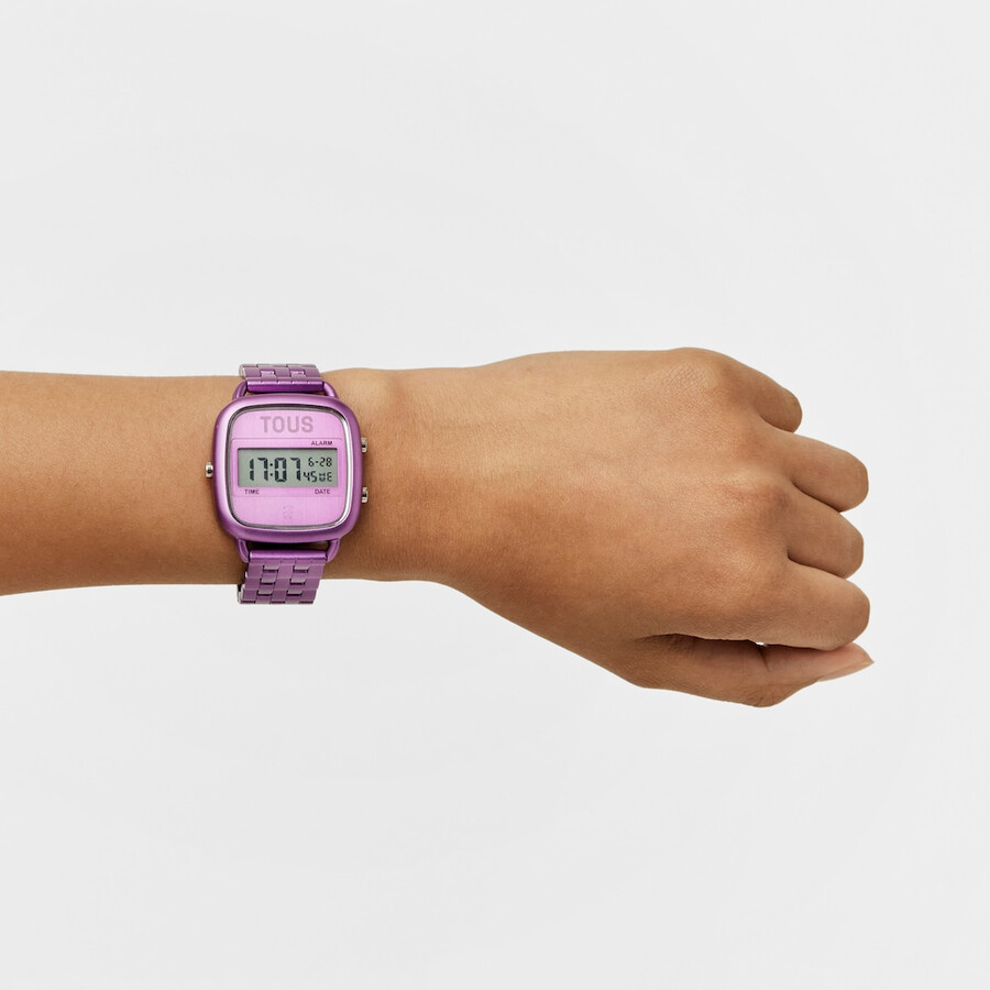 d-logo digitaluhr mit fuchsiafarbenem stahlarmband