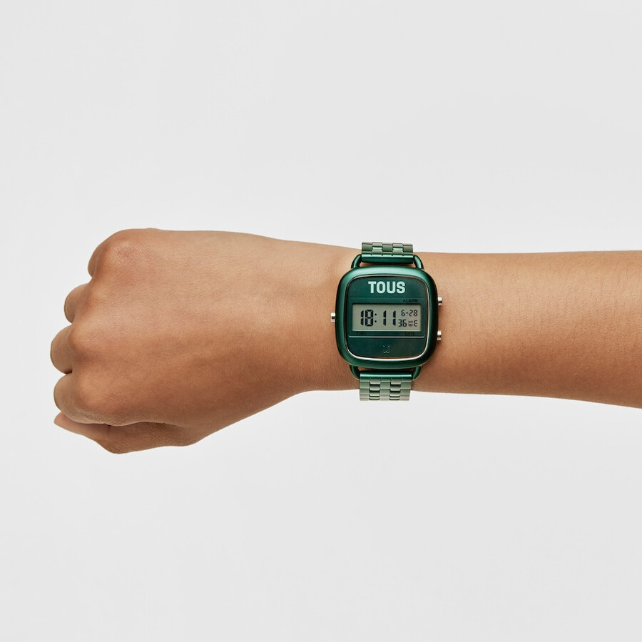 d-logo digitaluhr mit grünem stahlarmband
