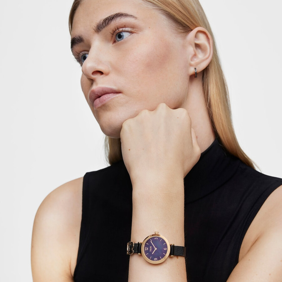 analoge uhr von icon charms mit schwarzem ip-stahlarmband und pinkfarbenem iprg-stahlarmband