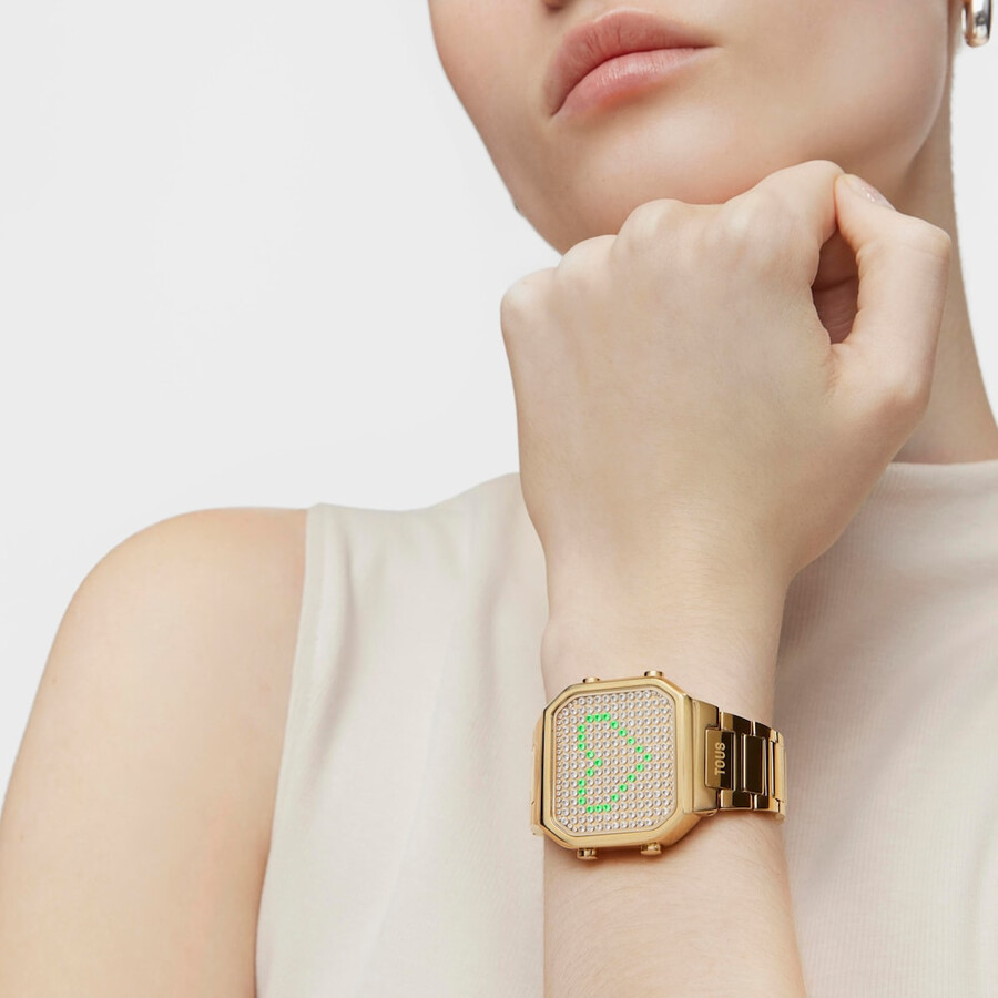 digitale armbanduhr mit goldfarbenem ipg-stahlarmband und gehäuse mit leds d-bear