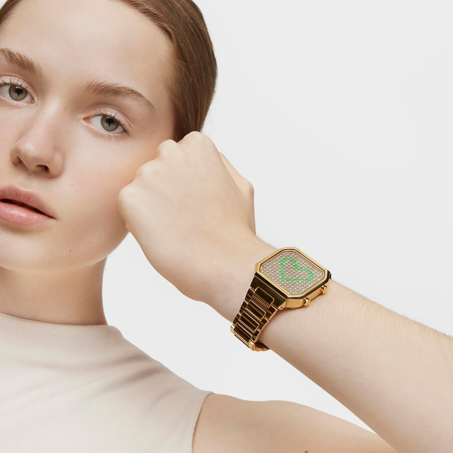 digitale armbanduhr mit goldfarbenem ipg-stahlarmband und gehäuse mit leds d-bear