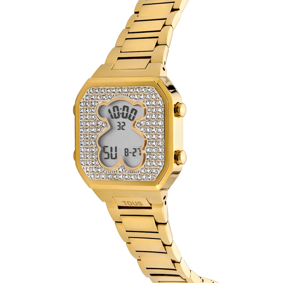 digitale armbanduhr mit goldfarbenem ipg-stahlarmband und zirkonia von d-bear