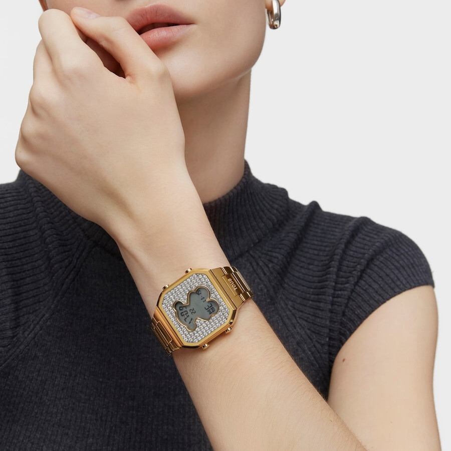 digitale armbanduhr mit goldfarbenem ipg-stahlarmband und zirkonia von d-bear