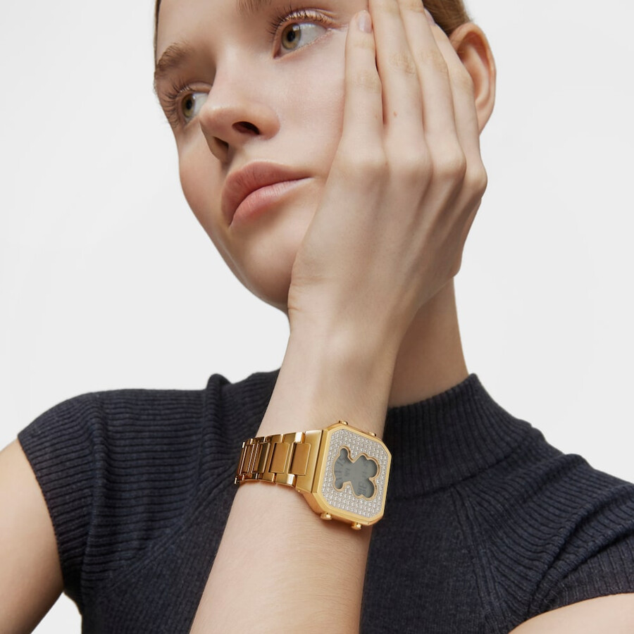 digitale armbanduhr mit goldfarbenem ipg-stahlarmband und zirkonia von d-bear