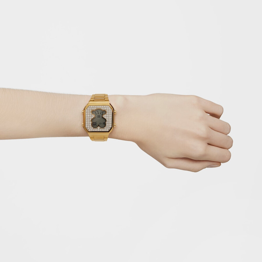 digitale armbanduhr mit goldfarbenem ipg-stahlarmband und zirkonia von d-bear