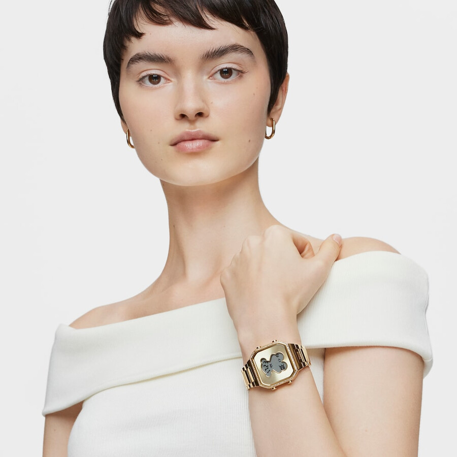 digitale armbanduhr mit goldfarbenem ipg-stahlarmband und zirkonia von d-bear