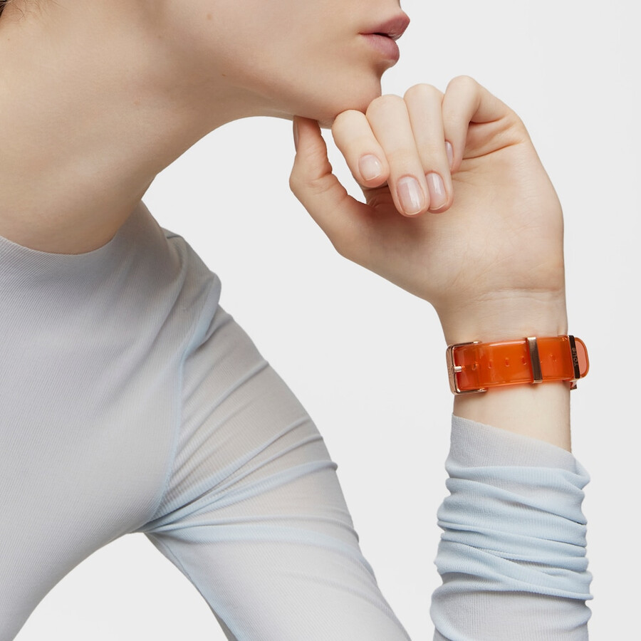 digitale armbanduhr d-bear fresh aus lachsfarbenem polycarbonat und rosafarbenem iprg-stahl