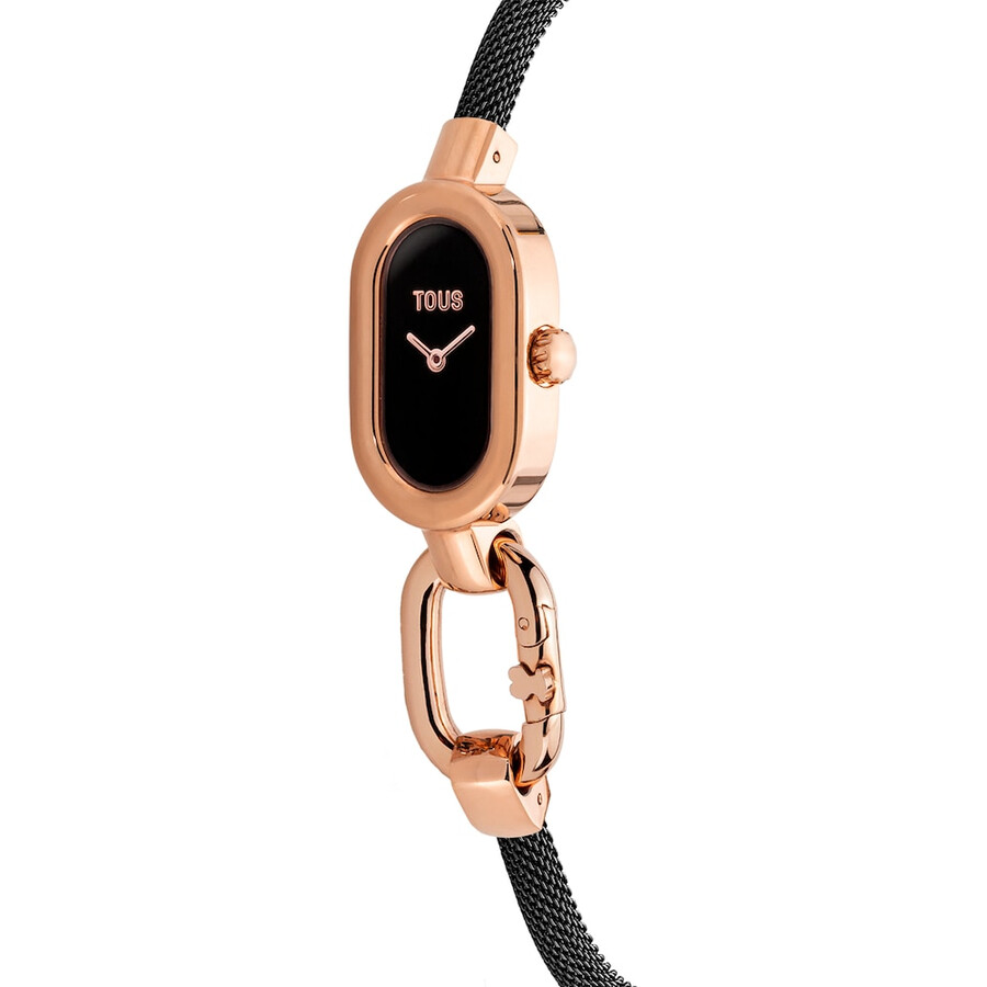 analoge armbanduhr mit schwarzem ip-stahlarmband und rosafarbenem iprg-stahlgehäuse tous hold oval