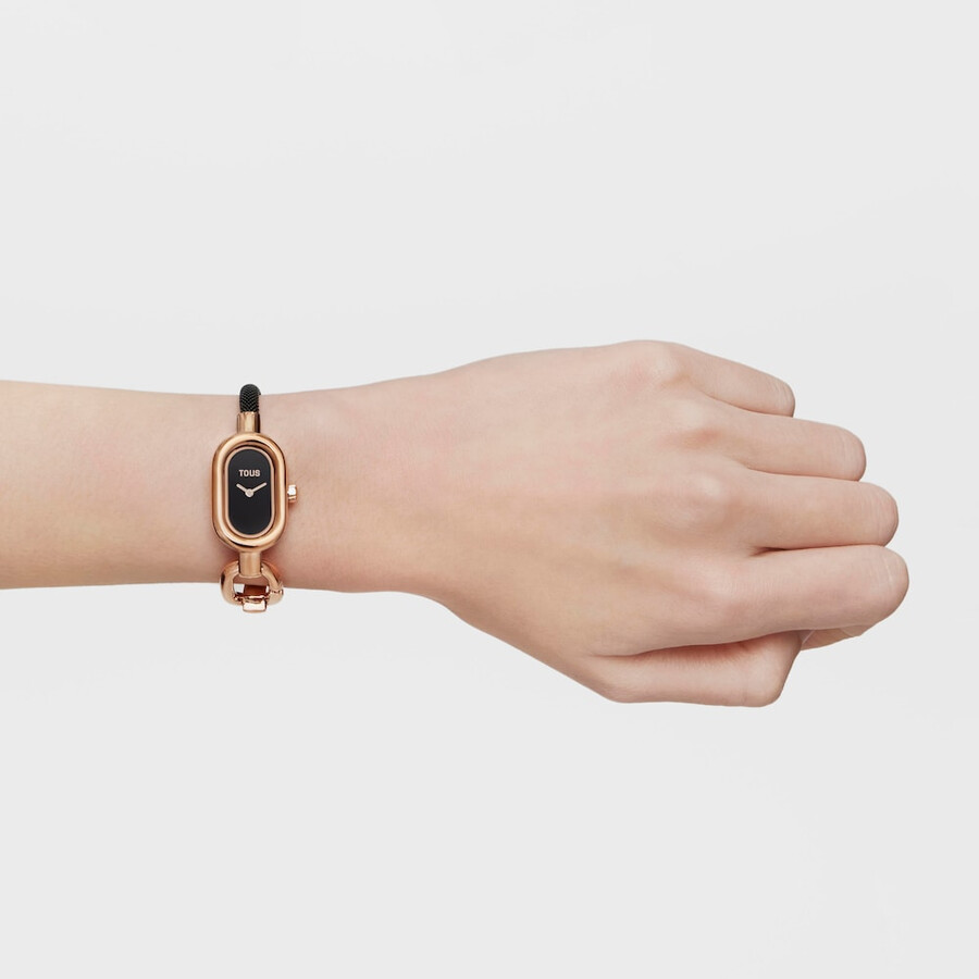 analoge armbanduhr mit schwarzem ip-stahlarmband und rosafarbenem iprg-stahlgehäuse tous hold oval