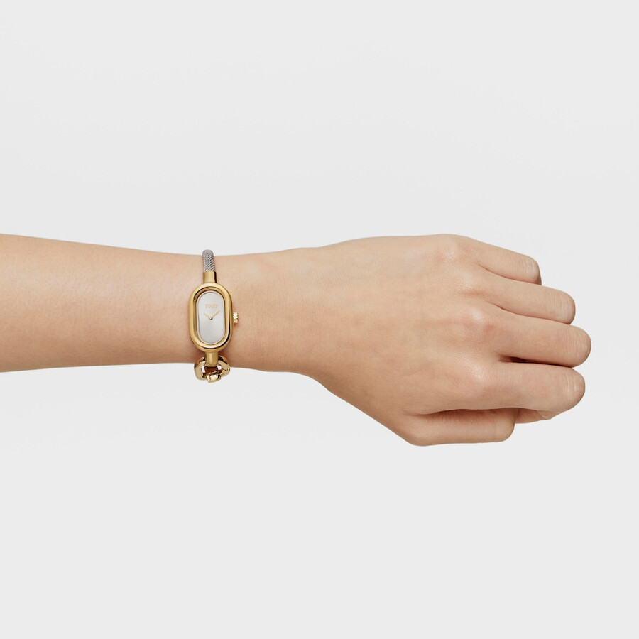 analoge armbanduhr mit stahlarmband und goldfarbenem ipg-gehäuse tous hold oval
