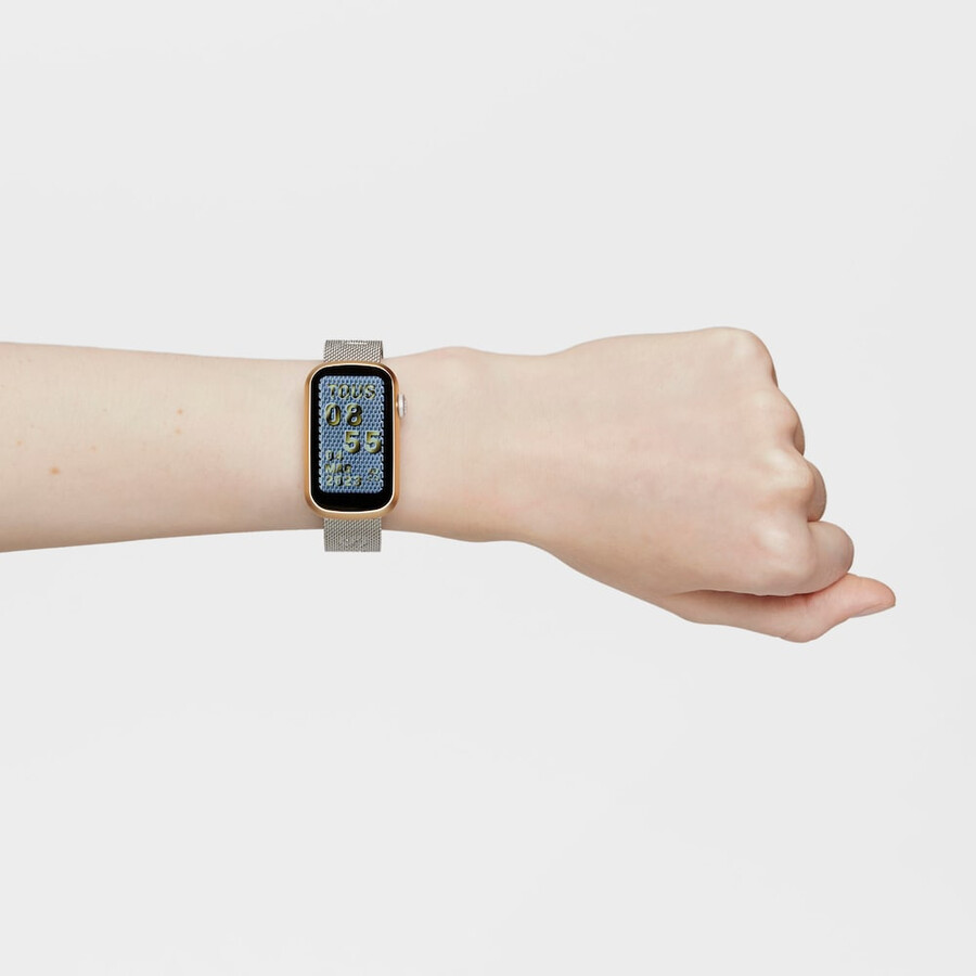 smartwatch mit edelstahlarmband und aluminiumgehäuse in goldfarbenem ipg tous tous t-band mesh