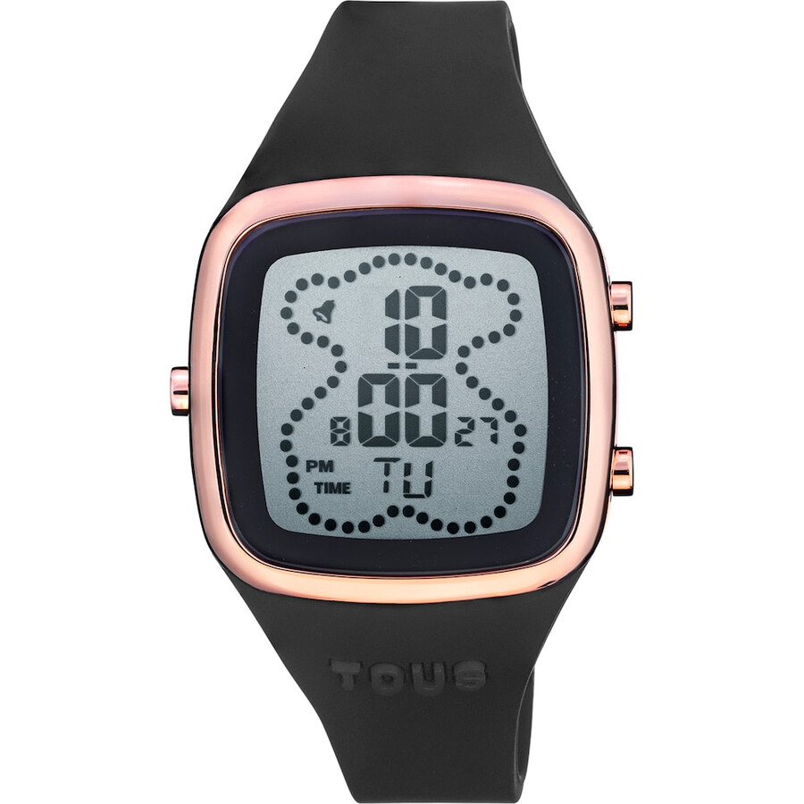 digitale armbanduhr mit schwarzem silikonarmband und rosafarbenem iprg-stahlgehäuse tous b-time