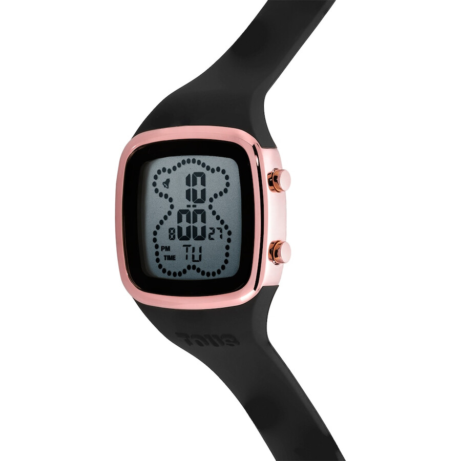 digitale armbanduhr mit schwarzem silikonarmband und rosafarbenem iprg-stahlgehäuse tous b-time