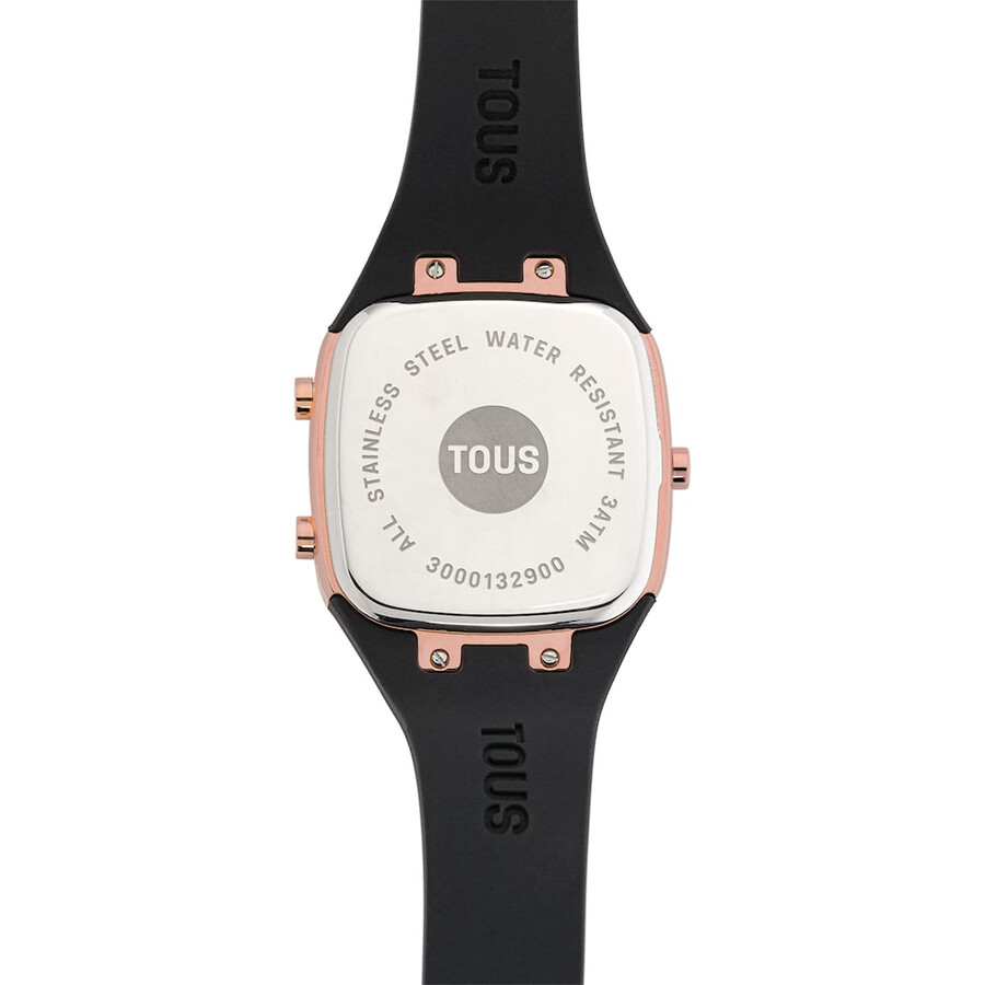 digitale armbanduhr mit schwarzem silikonarmband und rosafarbenem iprg-stahlgehäuse tous b-time