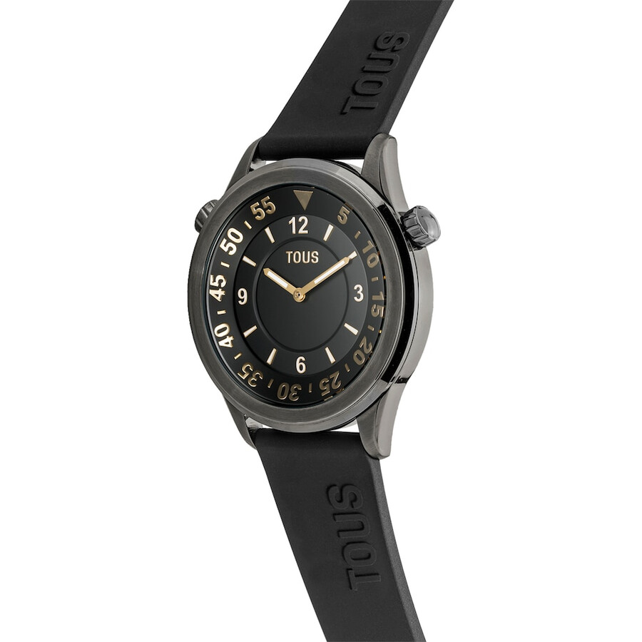 analoge armbanduhr mit schwarzem silikonarmband und grauem ip-stahlgehäuse von tous now