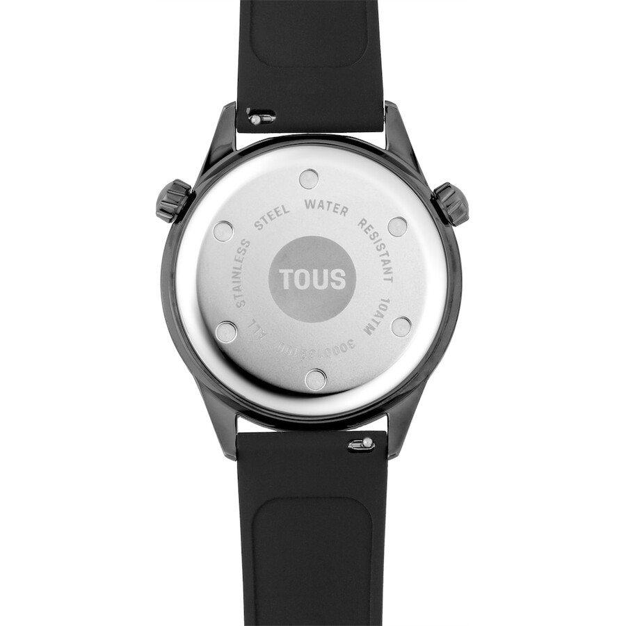analoge armbanduhr mit schwarzem silikonarmband und grauem ip-stahlgehäuse von tous now