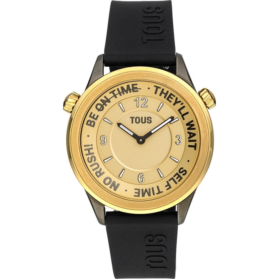 analoge armbanduhr mit schwarzem silikonarmband und goldfarbenem ip-stahlgehäuse von tous now