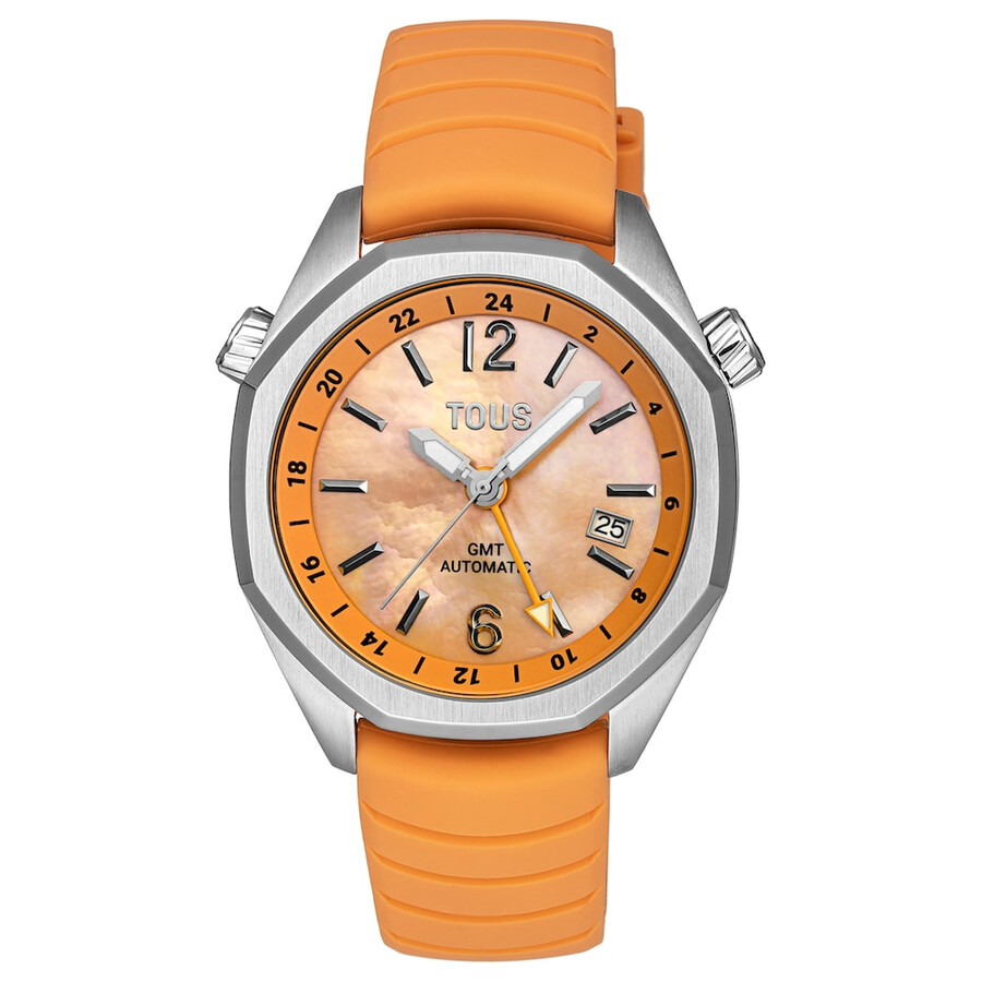 gmt-automatikuhr mit lachsfarbenem silikonarmband edelstahlgehäuse und perlmuttzifferblatt. jetzt erhältlich bei tous now.