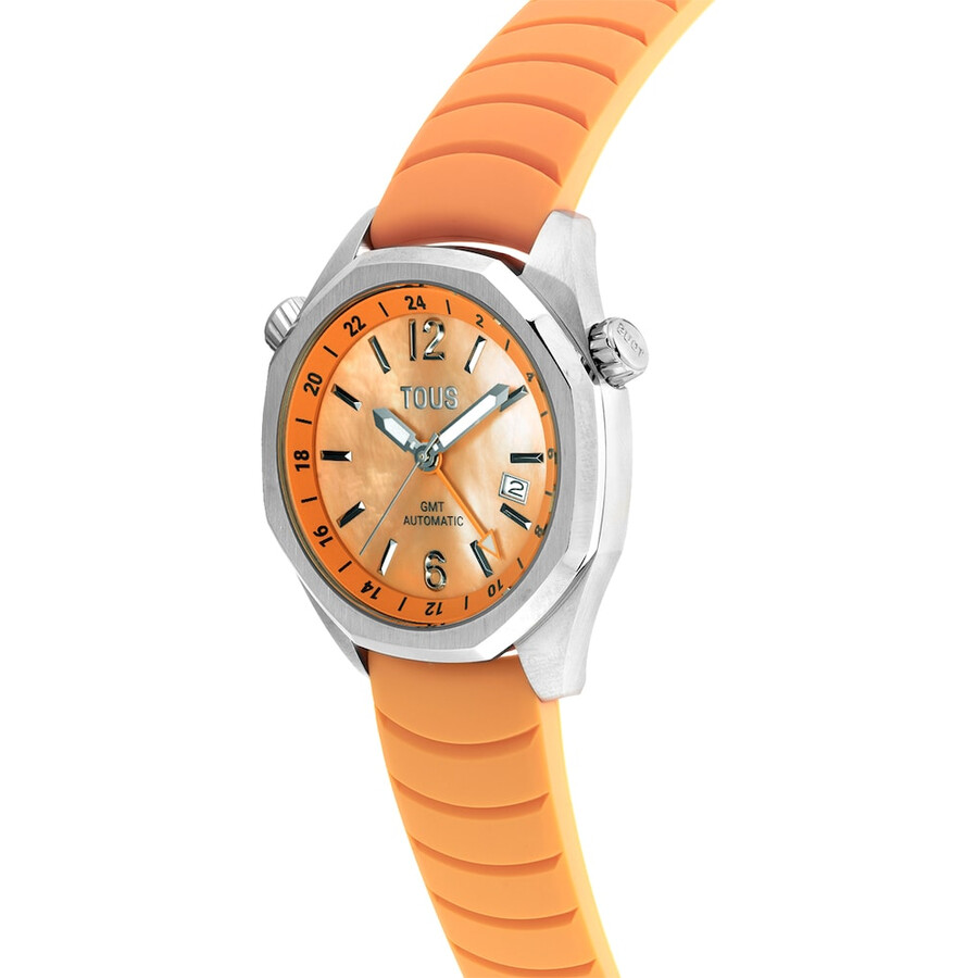 gmt-automatikuhr mit lachsfarbenem silikonarmband edelstahlgehäuse und perlmuttzifferblatt. jetzt erhältlich bei tous now.