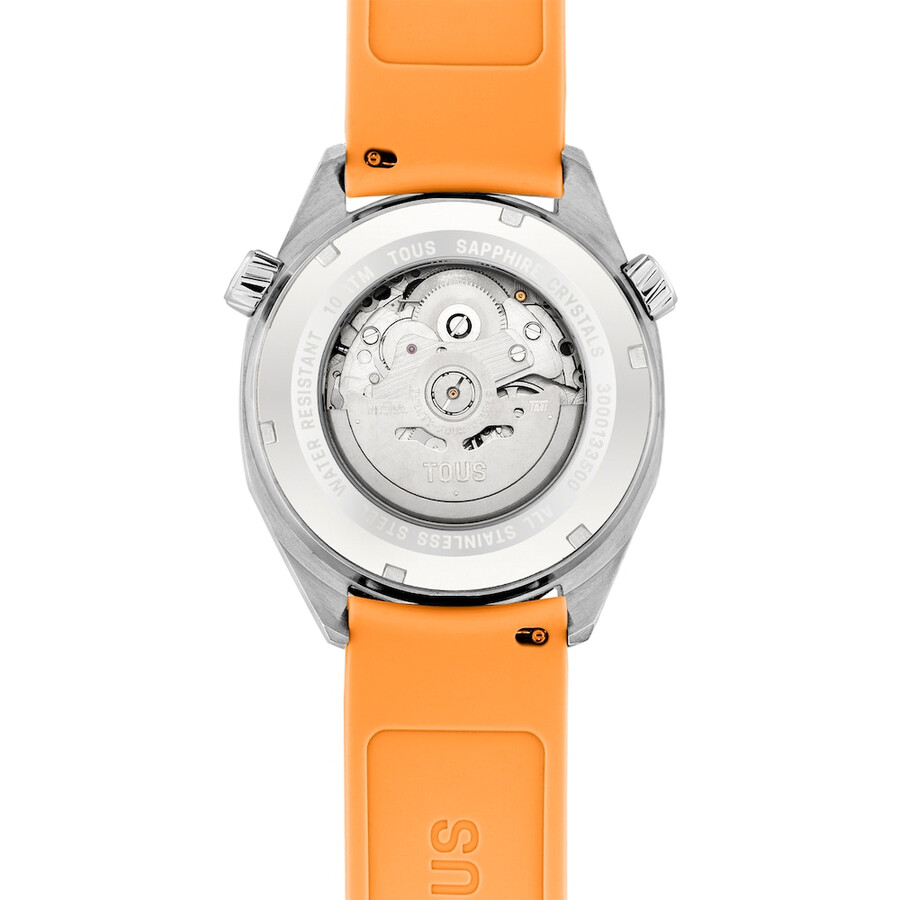 gmt-automatikuhr mit lachsfarbenem silikonarmband edelstahlgehäuse und perlmuttzifferblatt. jetzt erhältlich bei tous now.