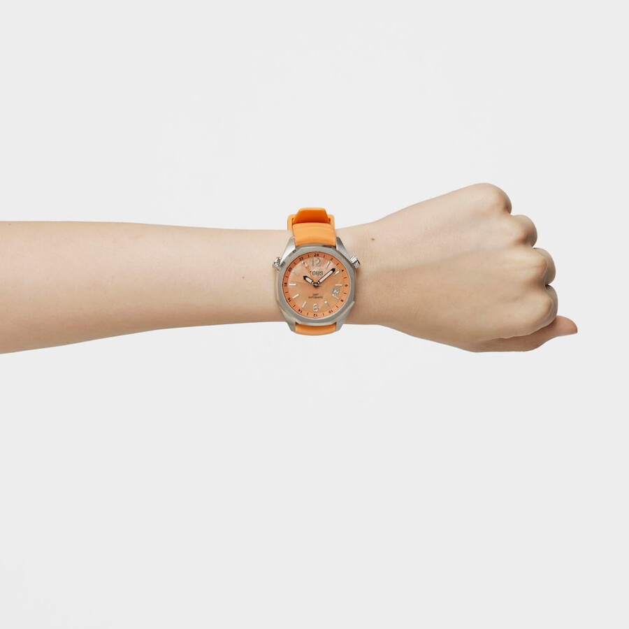 gmt-automatikuhr mit lachsfarbenem silikonarmband edelstahlgehäuse und perlmuttzifferblatt. jetzt erhältlich bei tous now.
