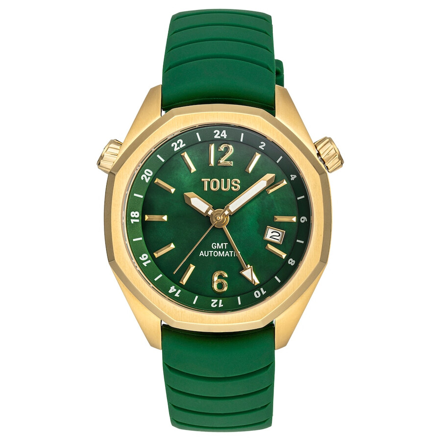 gmt-automatikuhr mit grünem silikonarmband goldfarbenem ipg-stahlgehäuse und perlmuttzifferblatt. tous now