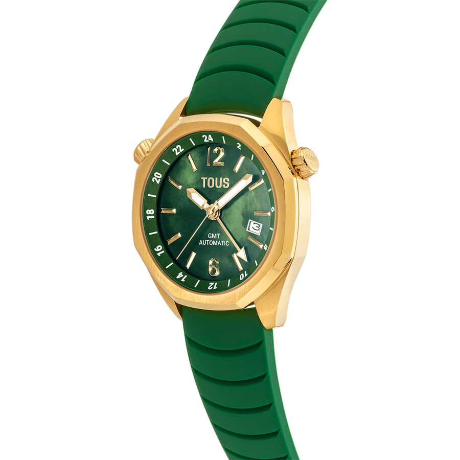 gmt-automatikuhr mit grünem silikonarmband goldfarbenem ipg-stahlgehäuse und perlmuttzifferblatt. tous now