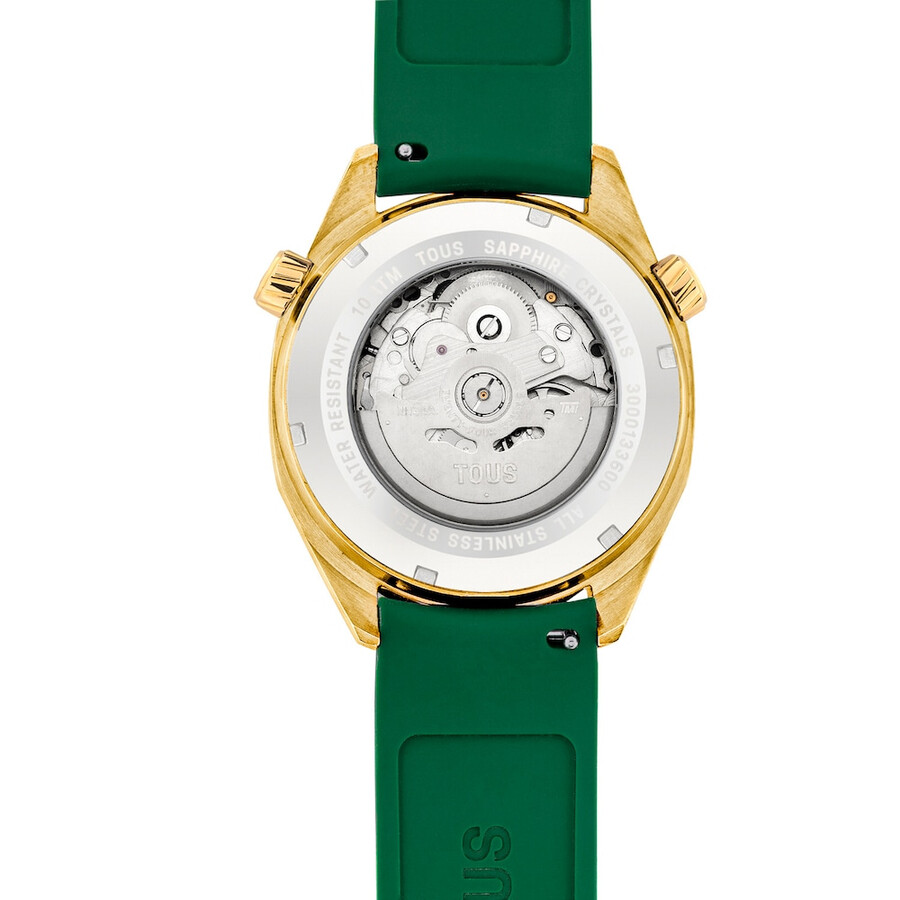 gmt-automatikuhr mit grünem silikonarmband goldfarbenem ipg-stahlgehäuse und perlmuttzifferblatt. tous now