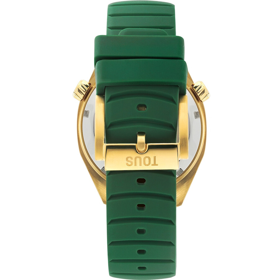 gmt-automatikuhr mit grünem silikonarmband goldfarbenem ipg-stahlgehäuse und perlmuttzifferblatt. tous now