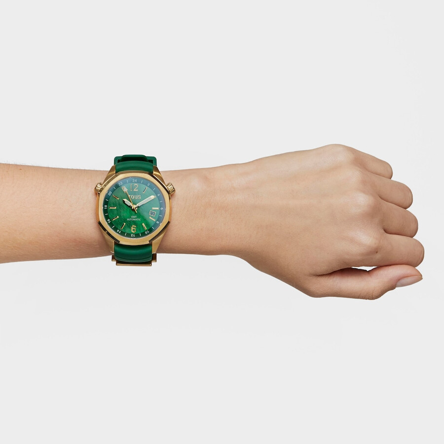 gmt-automatikuhr mit grünem silikonarmband goldfarbenem ipg-stahlgehäuse und perlmuttzifferblatt. tous now