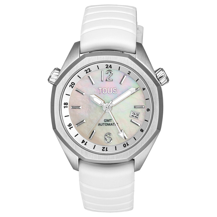 gmt-automatikuhr mit weißem silikonarmband edelstahlgehäuse und perlmuttzifferblatt von tous now