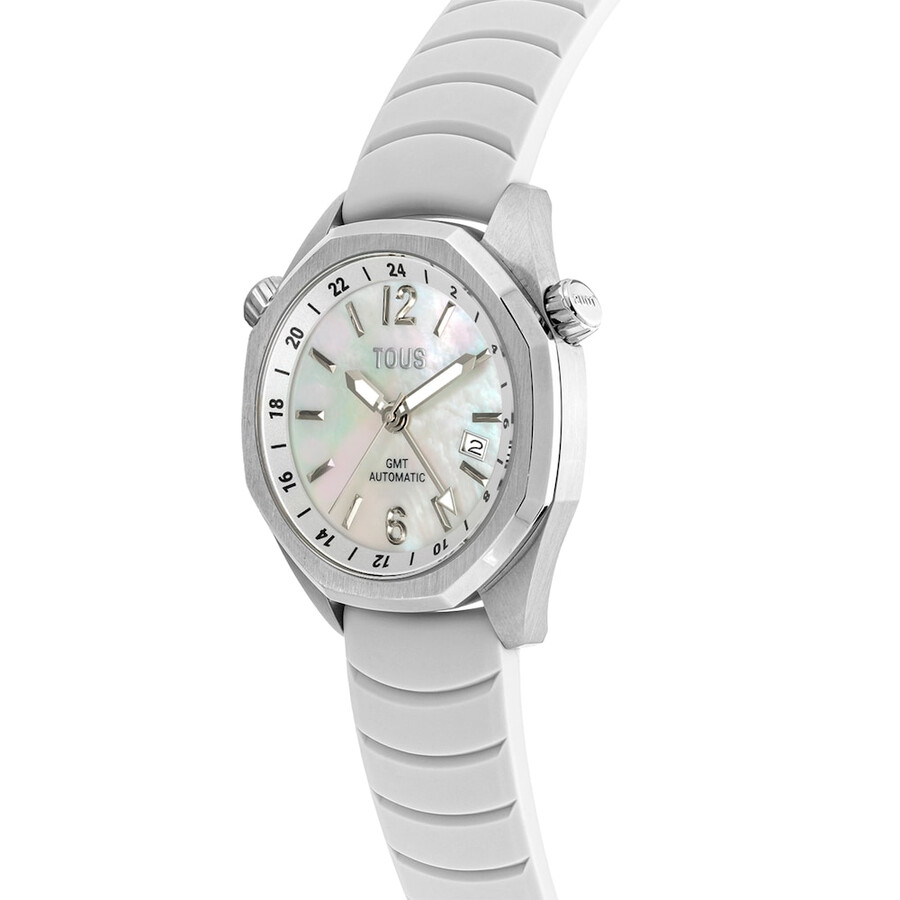 gmt-automatikuhr mit weißem silikonarmband edelstahlgehäuse und perlmuttzifferblatt von tous now