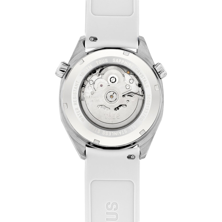 gmt-automatikuhr mit weißem silikonarmband edelstahlgehäuse und perlmuttzifferblatt von tous now