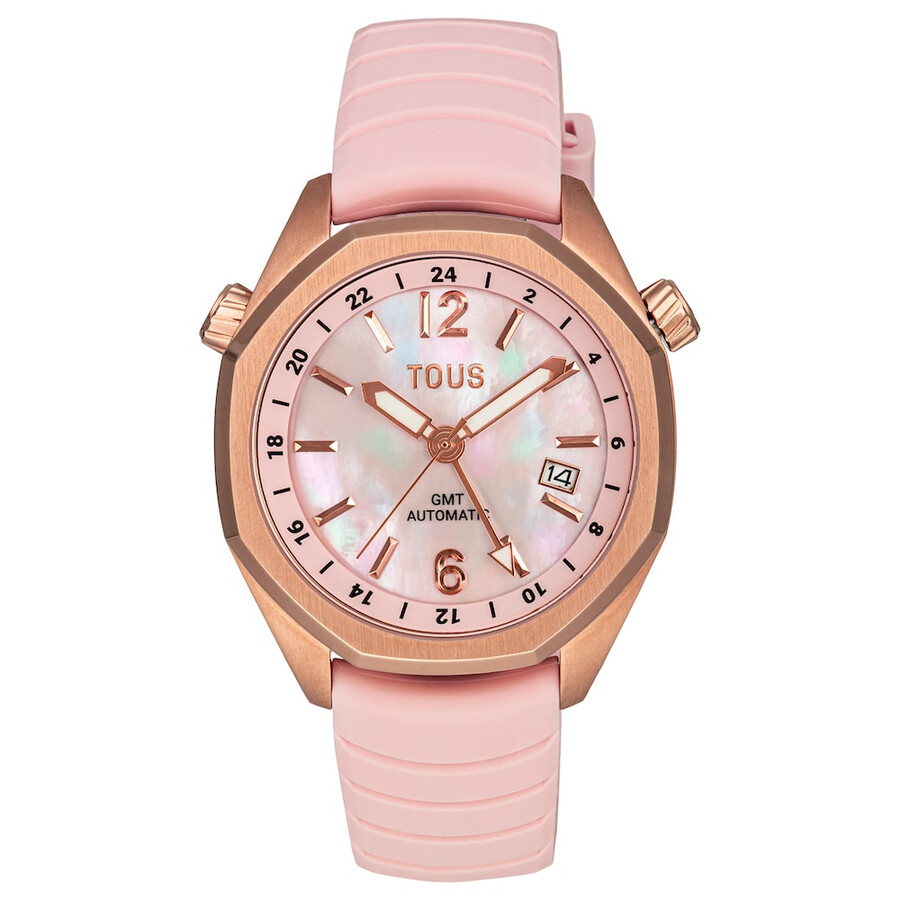 gmt-automatikuhr mit rosa silikonarmband rosafarbenem iprg-edelstahlgehäuse und perlmuttzifferblatt. jetzt erhältlich bei tous now.