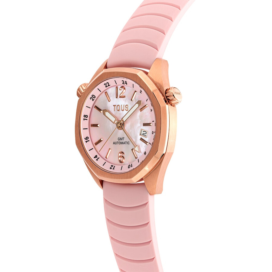 gmt-automatikuhr mit rosa silikonarmband rosafarbenem iprg-edelstahlgehäuse und perlmuttzifferblatt. jetzt erhältlich bei tous now.