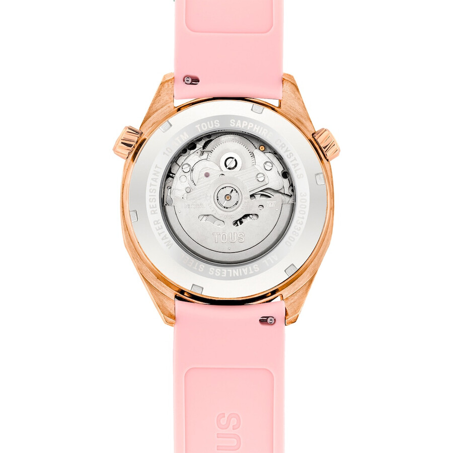 gmt-automatikuhr mit rosa silikonarmband rosafarbenem iprg-edelstahlgehäuse und perlmuttzifferblatt. jetzt erhältlich bei tous now.