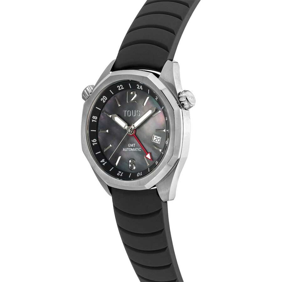 gmt-automatikuhr mit schwarzem silikonarmband stahlgehäuse und perlmuttzifferblatt von tous now.