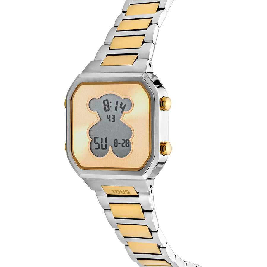 digitale armbanduhr mit edelstahlarmband und goldfarbenem ipg-stahlgehäuse d-bear