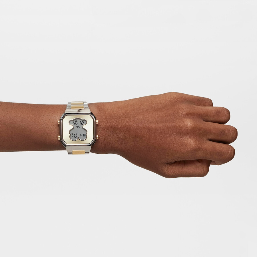 digitale armbanduhr mit edelstahlarmband und goldfarbenem ipg-stahlgehäuse d-bear